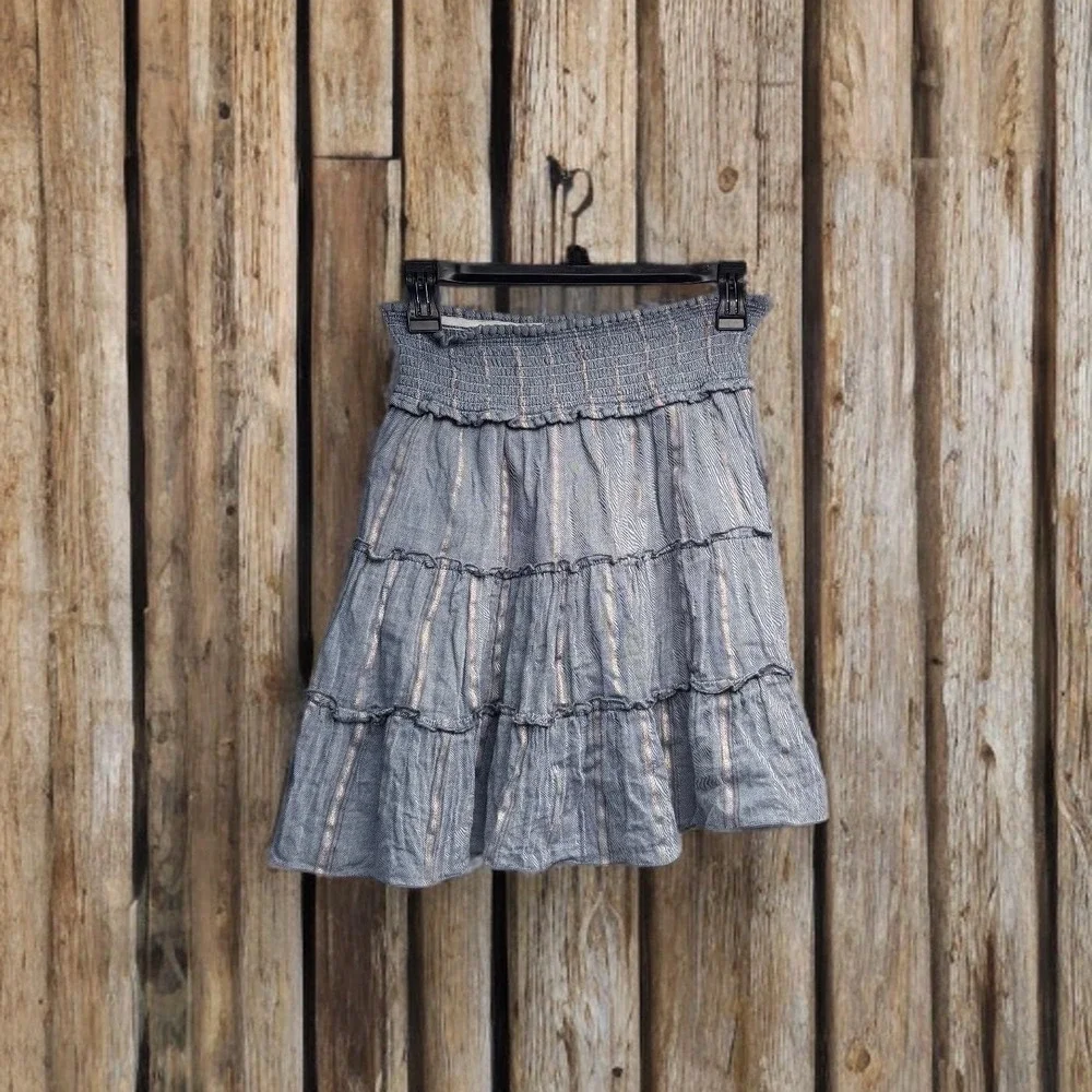 Surf Gypsy Blue Metallic Stripe Tiered Mini Skirt Smocked Boho Beach Medium - Picture 2 of 8